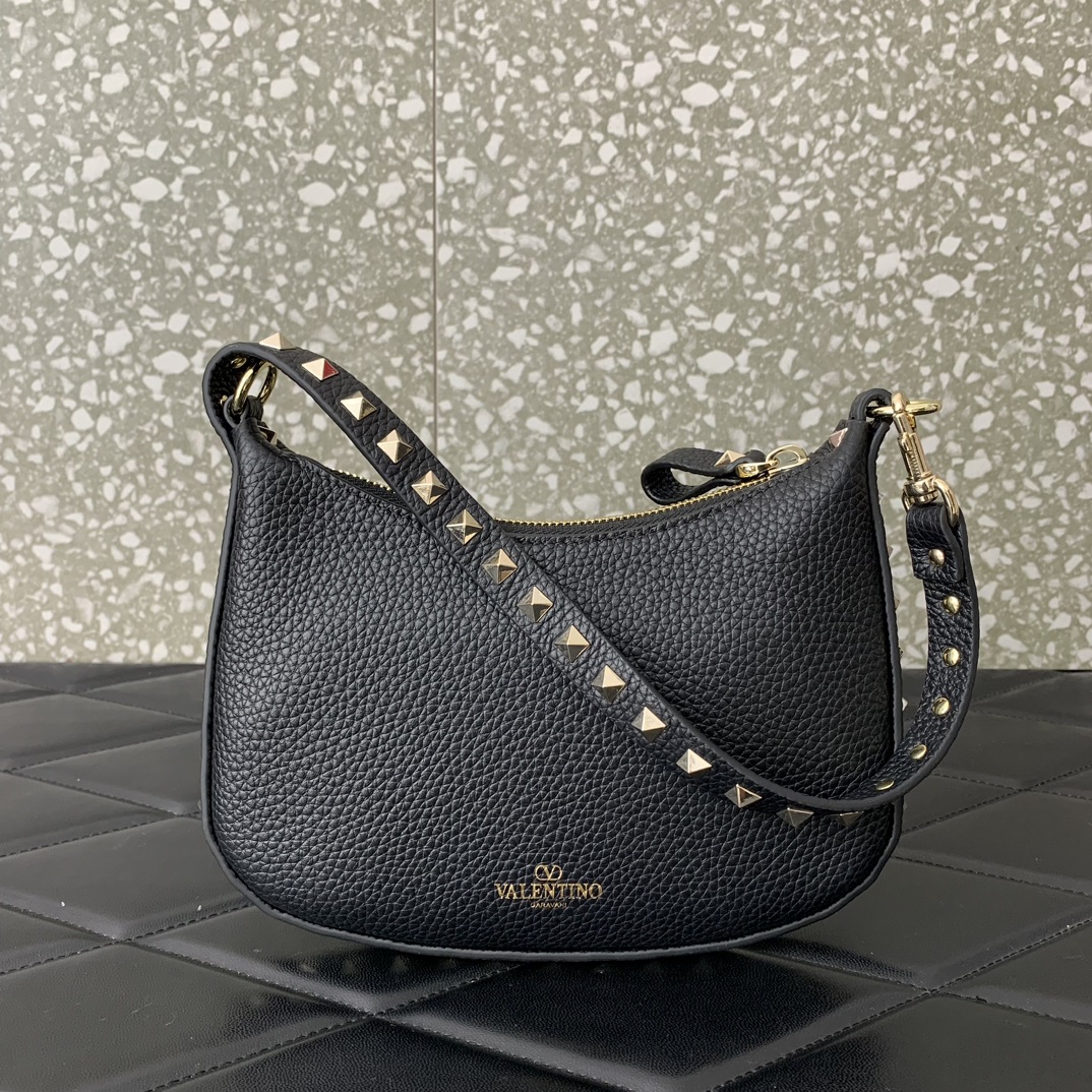 Valentino Garavani Rockstud Mini Hobo Bag in Black Grainy Calfskin